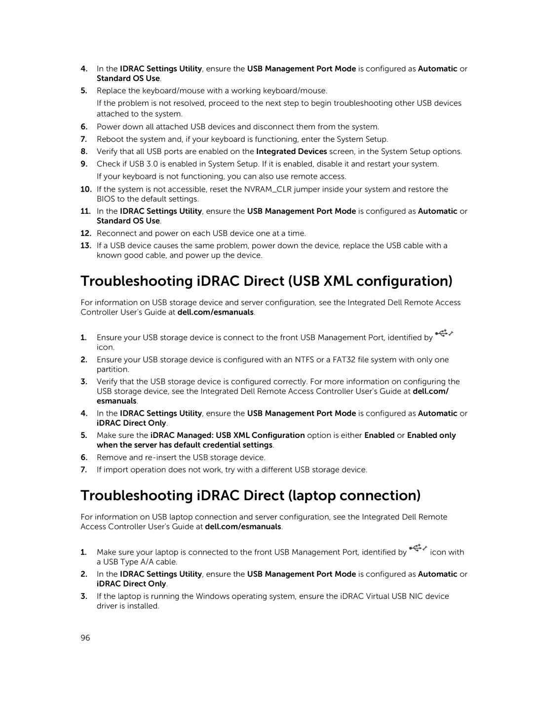 Dell 7910 owner manual Troubleshooting iDRAC Direct USB XML configuration, Troubleshooting iDRAC Direct laptop connection 