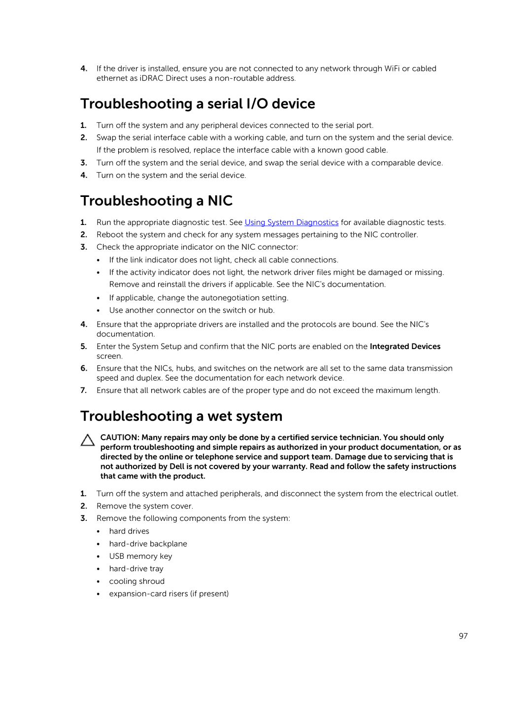 Dell 7910 owner manual Troubleshooting a serial I/O device, Troubleshooting a NIC, Troubleshooting a wet system 