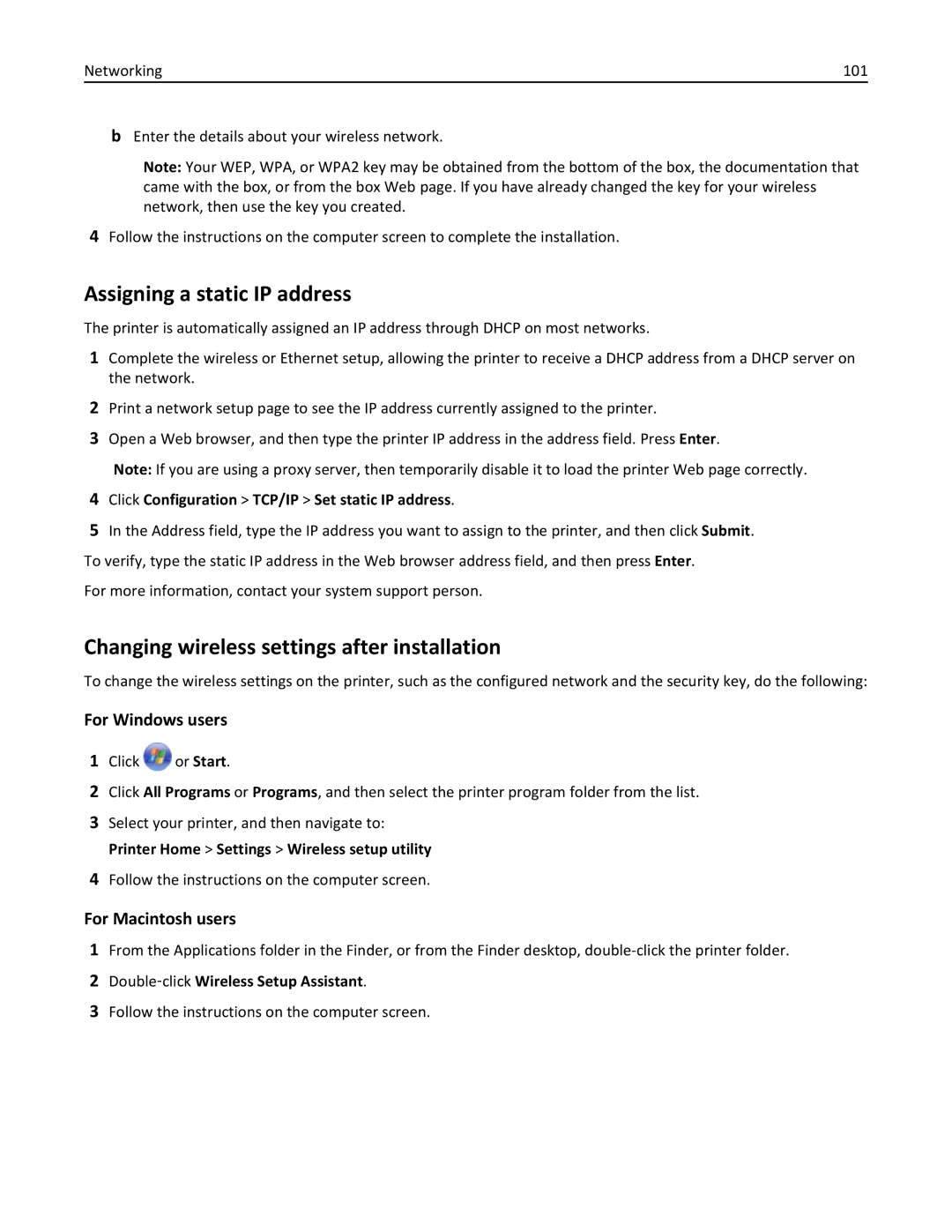 Dell 7dE, 7d1 manual Assigning a static IP address, Changing wireless settings after installation 