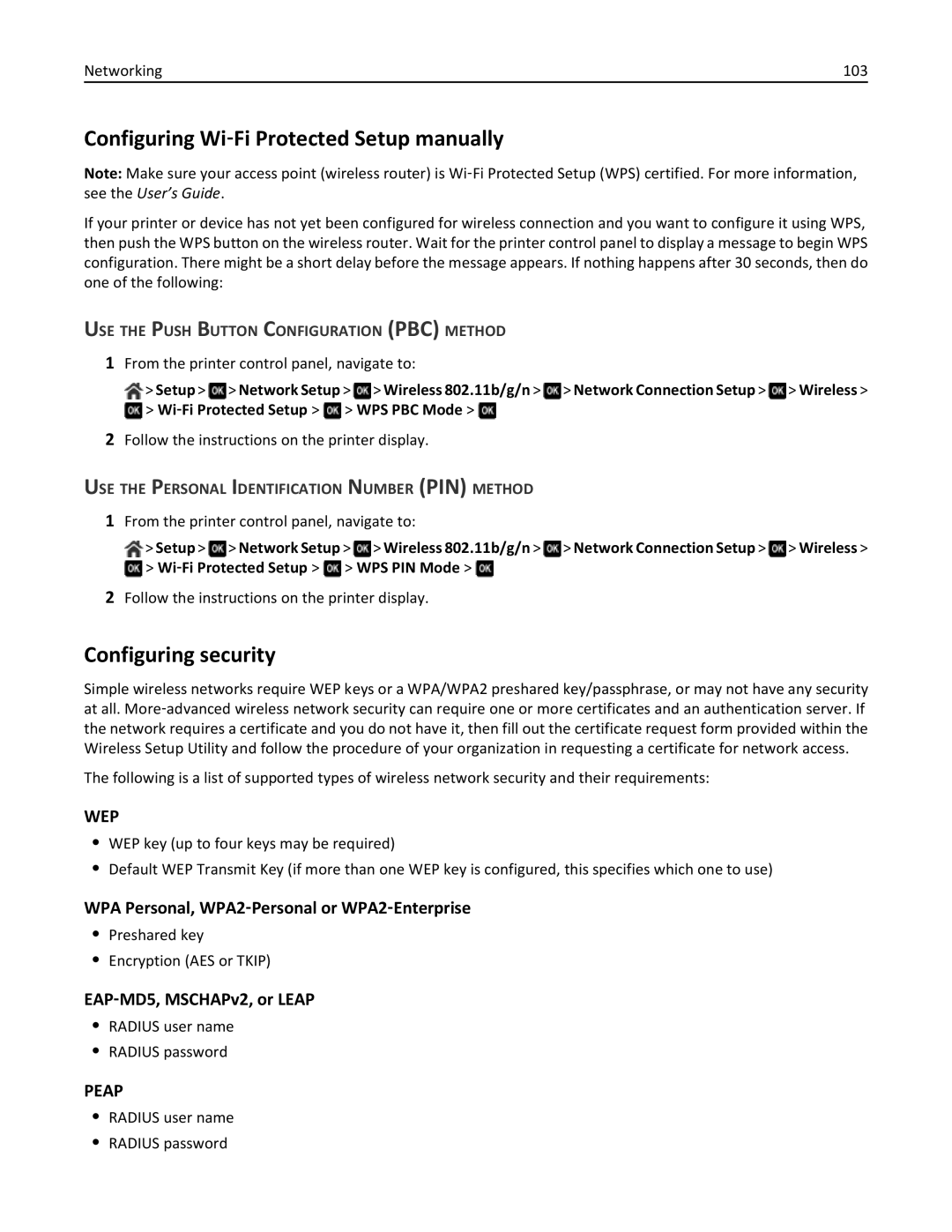 Dell 7dE Configuring Wi‑Fi Protected Setup manually, Configuring security, WPA Personal, WPA2‑Personal or WPA2‑Enterprise 