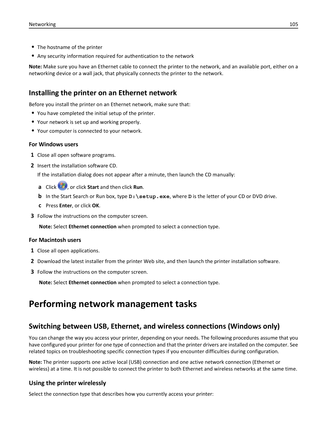 Dell 7dE Performing network management tasks, Installing the printer on an Ethernet network, Using the printer wirelessly 