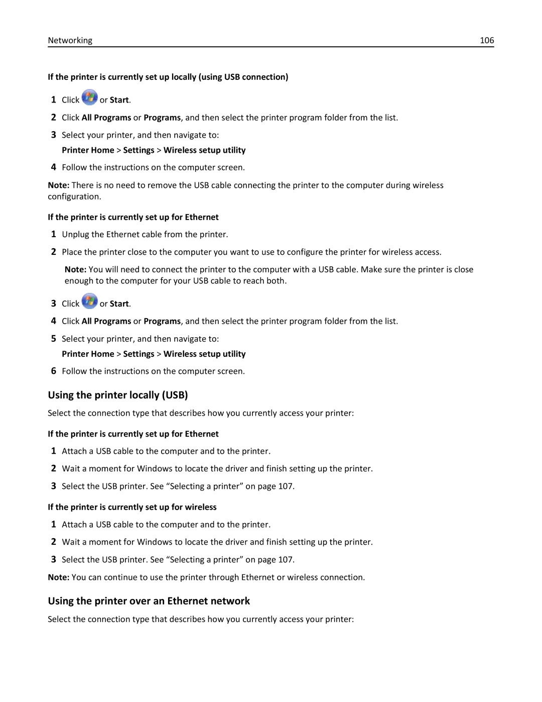 Dell 7d1, 7dE manual Using the printer locally USB, Using the printer over an Ethernet network 