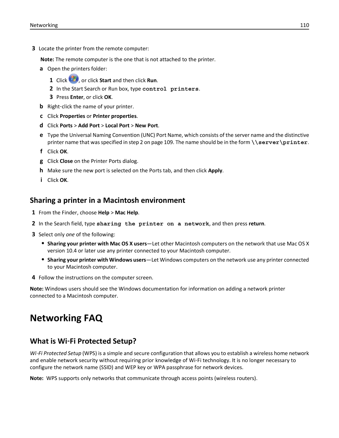 Dell 7d1, 7dE manual Networking FAQ, Sharing a printer in a Macintosh environment, What is Wi‑Fi Protected Setup? 