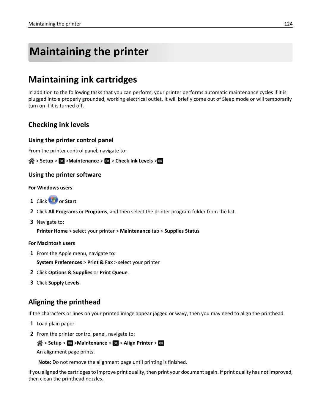 Dell 7d1, 7dE manual Maintaining the printer, Maintaining ink cartridges, Checking ink levels, Aligning the printhead 