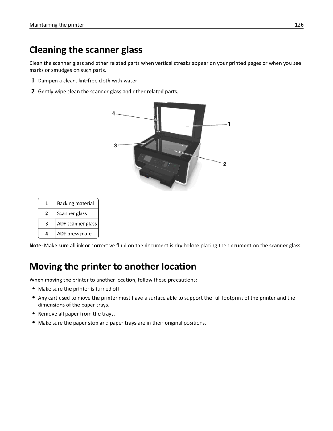 Dell 7d1, 7dE manual Cleaning the scanner glass, Moving the printer to another location 