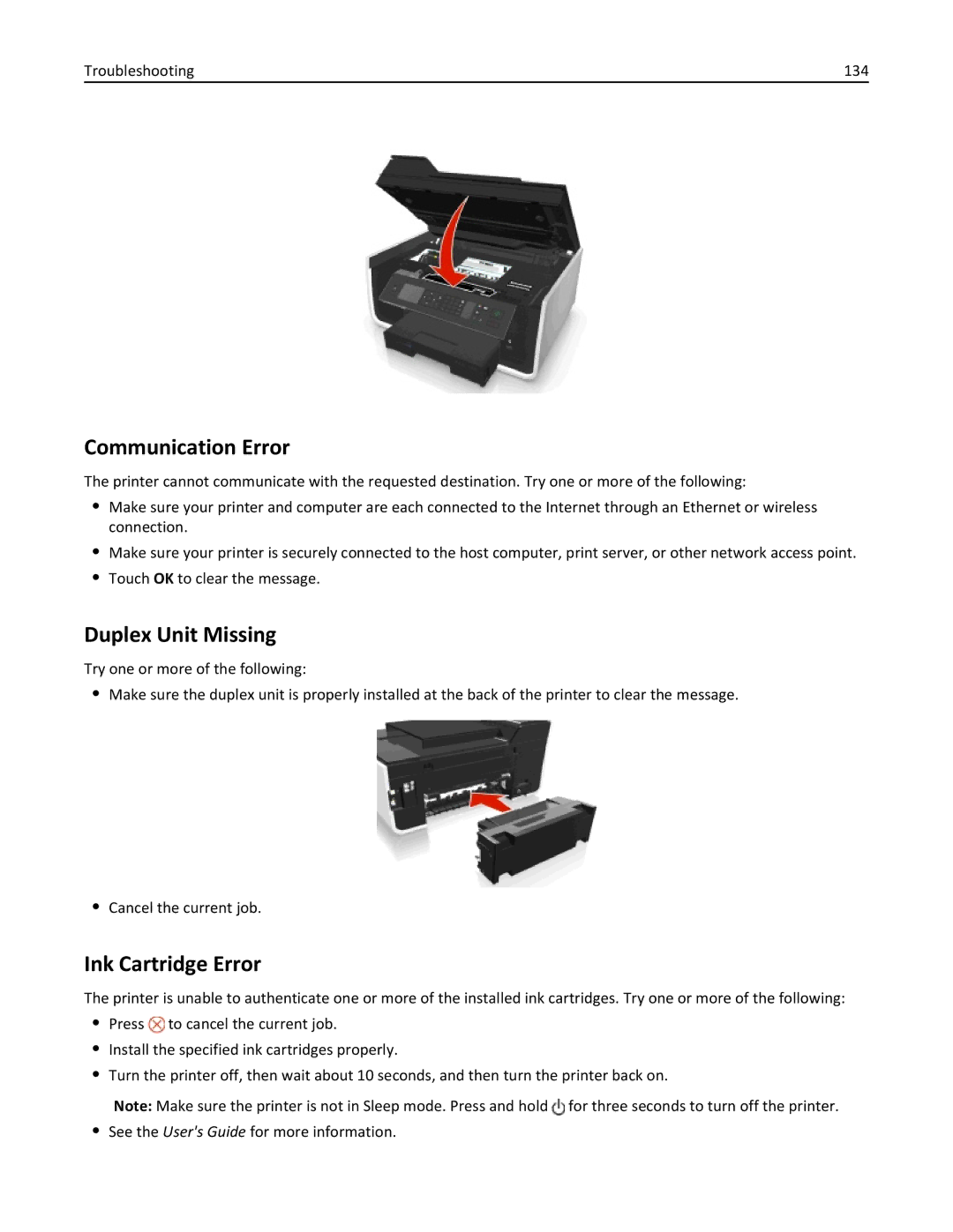 Dell 7d1, 7dE manual Communication Error, Duplex Unit Missing, Ink Cartridge Error 