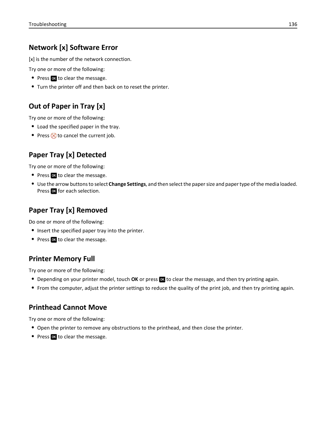 Dell 7d1 Network x Software Error, Out of Paper in Tray, Paper Tray x Detected, Paper Tray x Removed, Printer Memory Full 