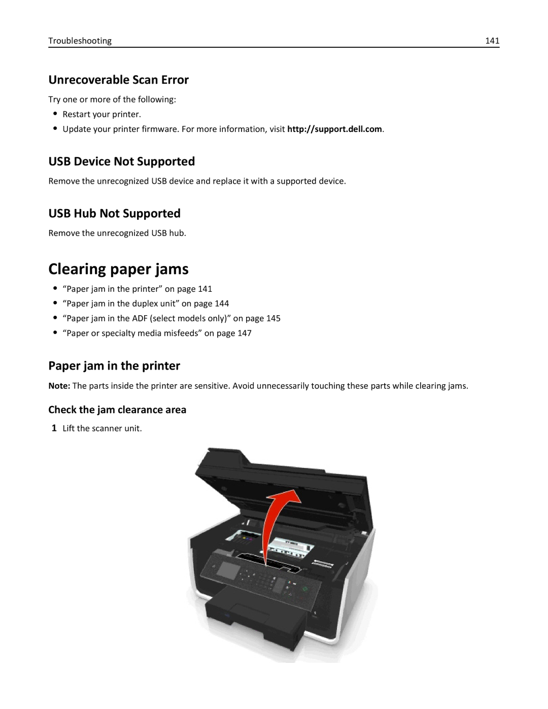 Dell 7dE, 7d1 manual Clearing paper jams, Unrecoverable Scan Error, USB Device Not Supported, USB Hub Not Supported 