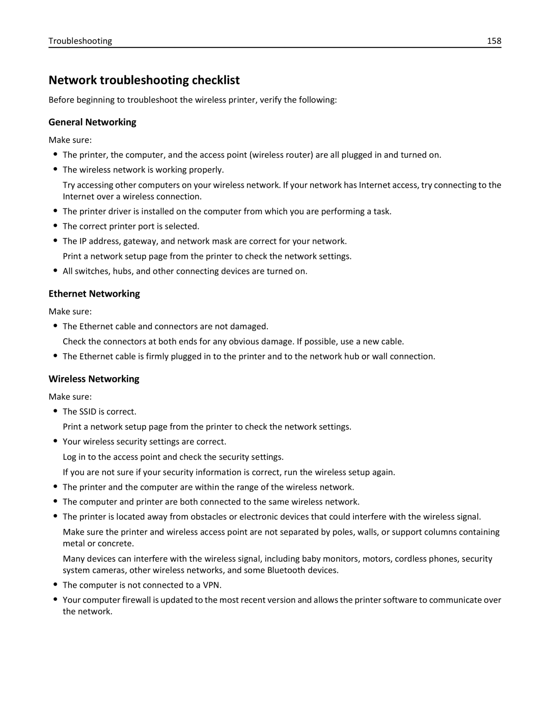 Dell 7d1, 7dE manual Network troubleshooting checklist, General Networking, Ethernet Networking, Wireless Networking 