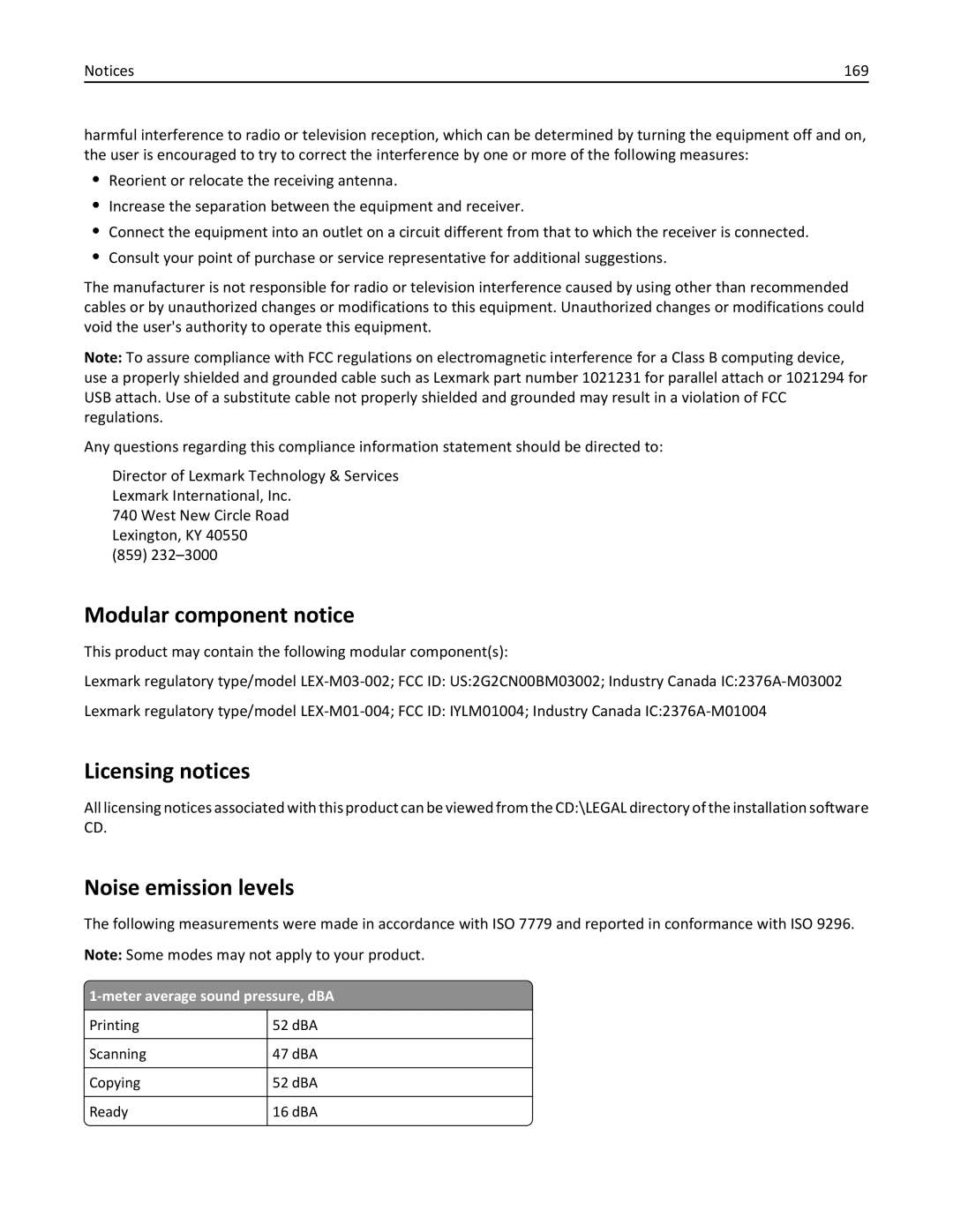 Dell 7dE, 7d1 manual Modular component notice, Licensing notices, Noise emission levels, Meter average sound pressure, dBA 