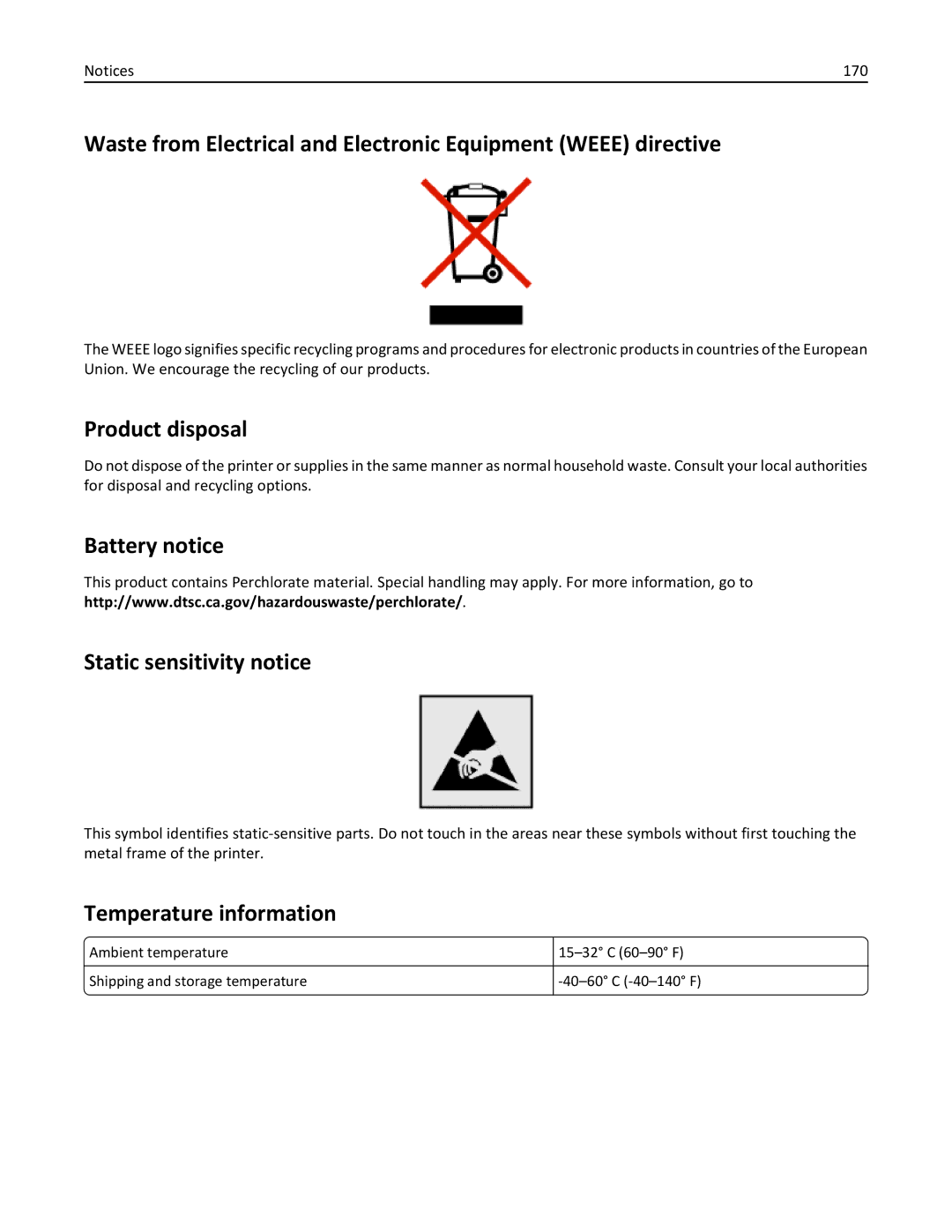 Dell 7d1, 7dE manual Product disposal, Battery notice Static sensitivity notice, Temperature information 