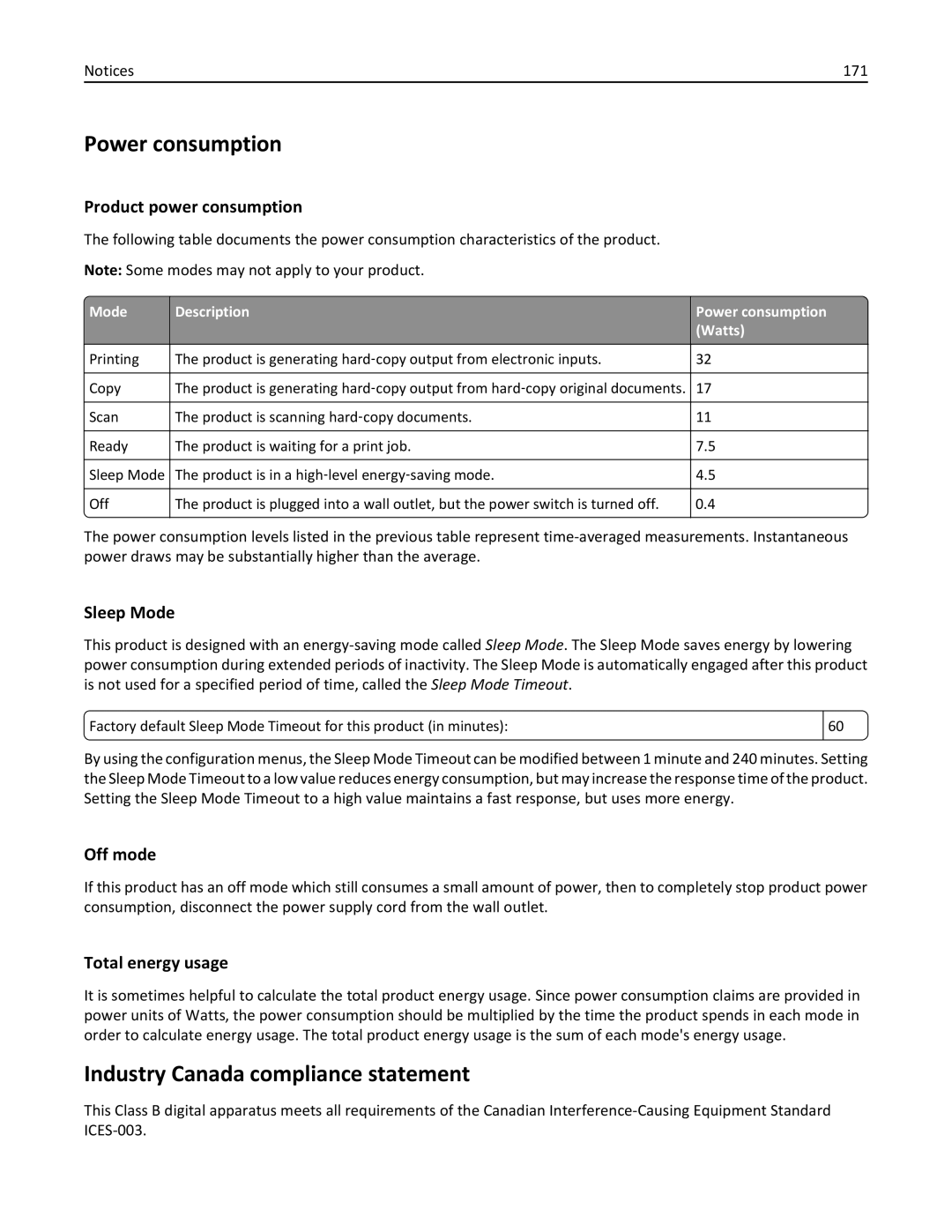 Dell 7dE, 7d1 manual Power consumption, Industry Canada compliance statement 