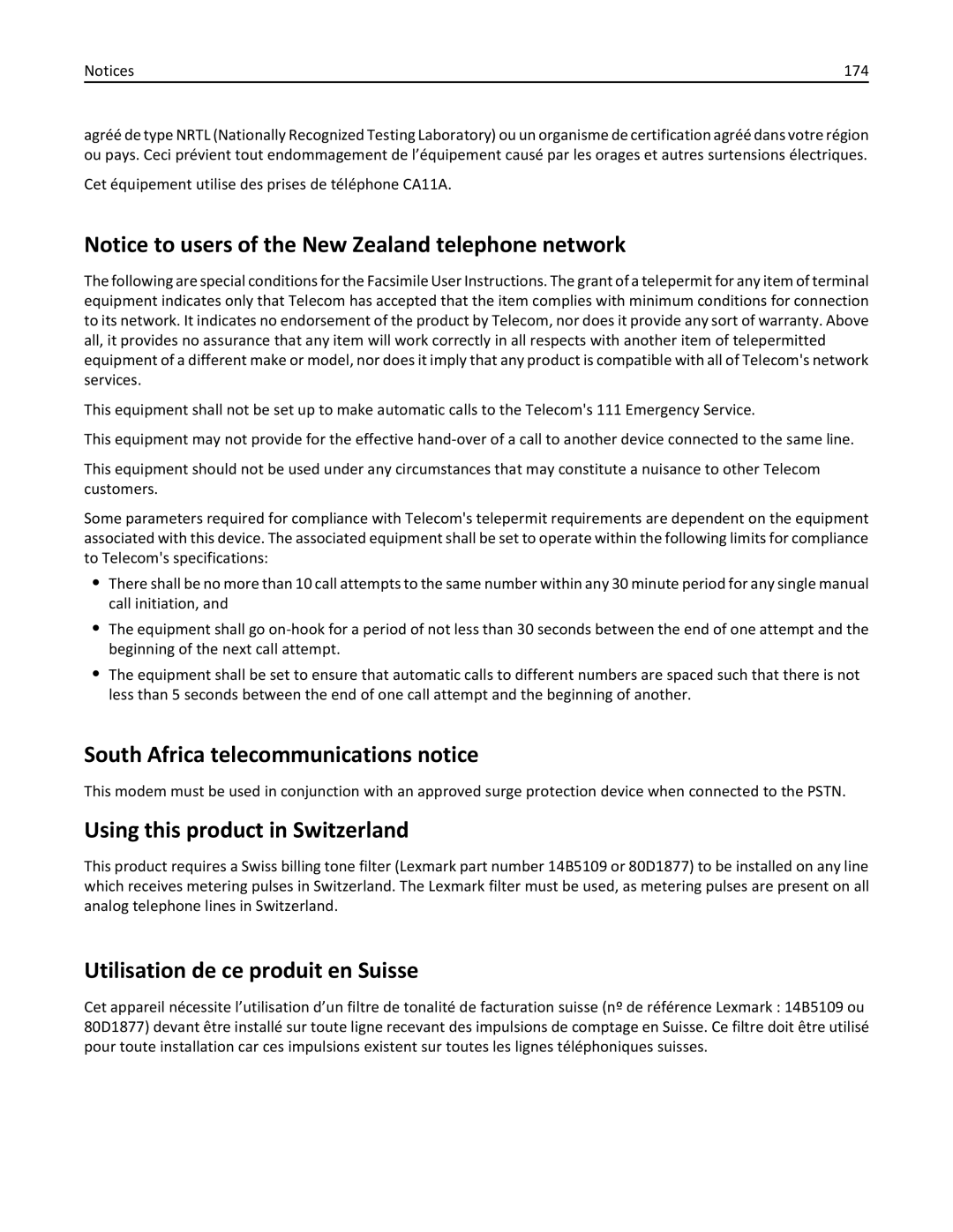 Dell 7d1 South Africa telecommunications notice, Using this product in Switzerland, Utilisation de ce produit en Suisse 