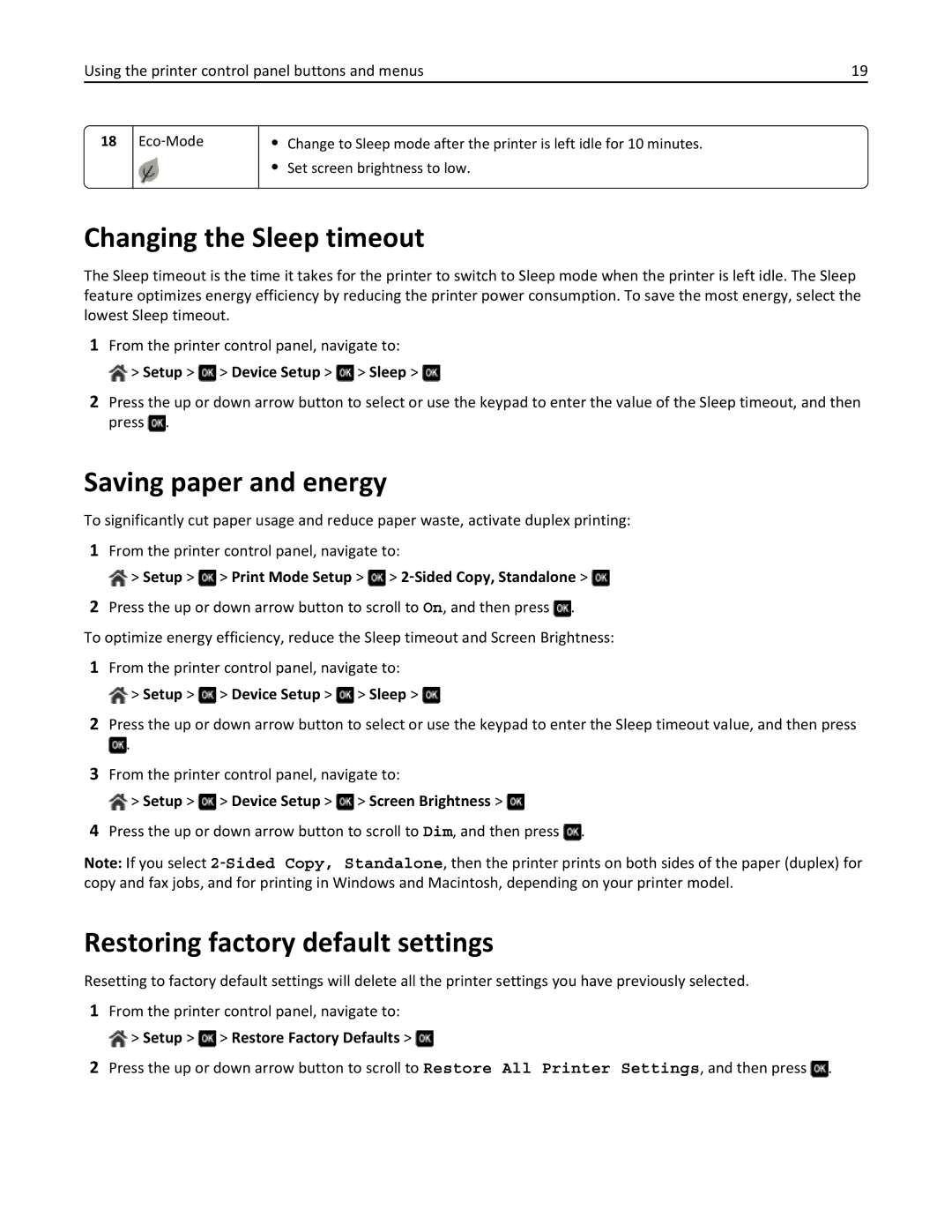 Dell 7dE, 7d1 manual Changing the Sleep timeout, Saving paper and energy, Restoring factory default settings 