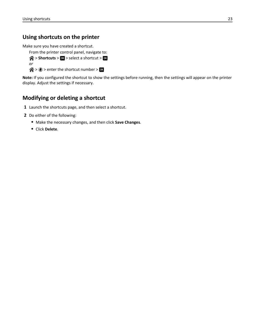 Dell 7dE, 7d1 manual Using shortcuts on the printer, Modifying or deleting a shortcut 