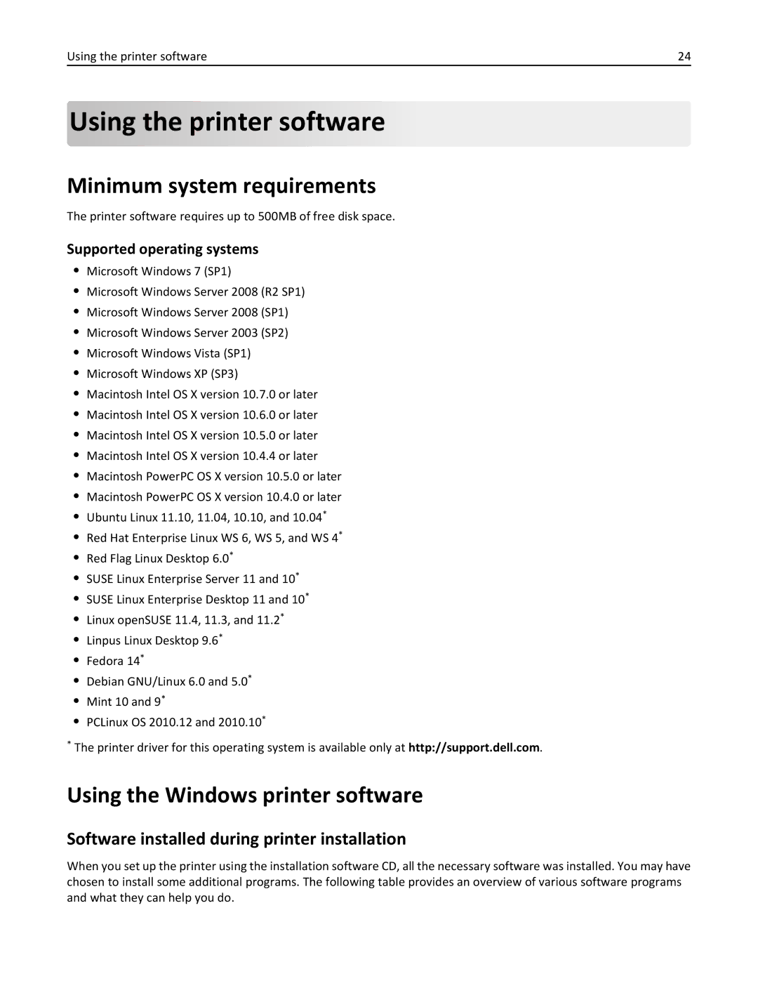 Dell 7d1, 7dE manual Using the printer software, Minimum system requirements, Using the Windows printer software 