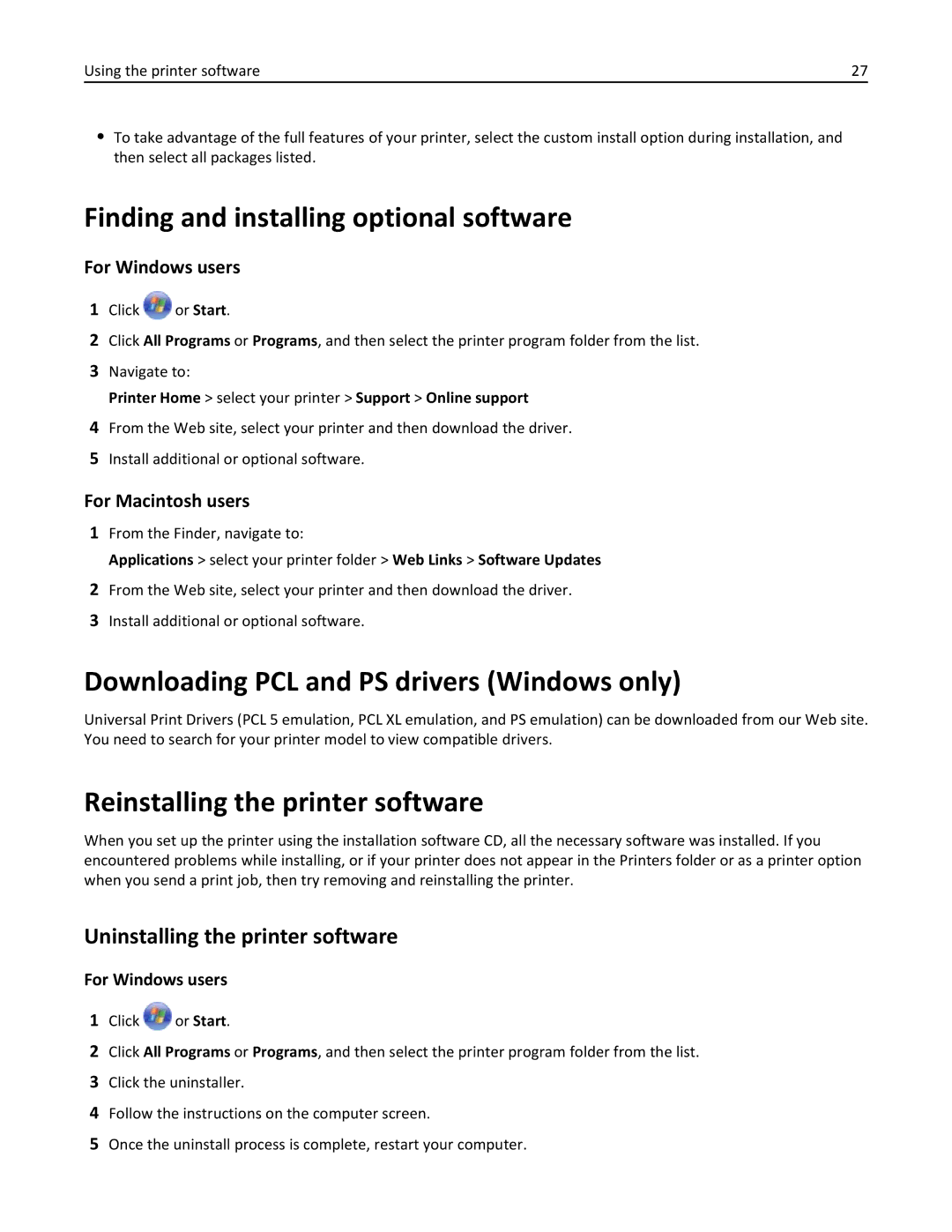 Dell 7dE, 7d1 manual Finding and installing optional software, Downloading PCL and PS drivers Windows only 