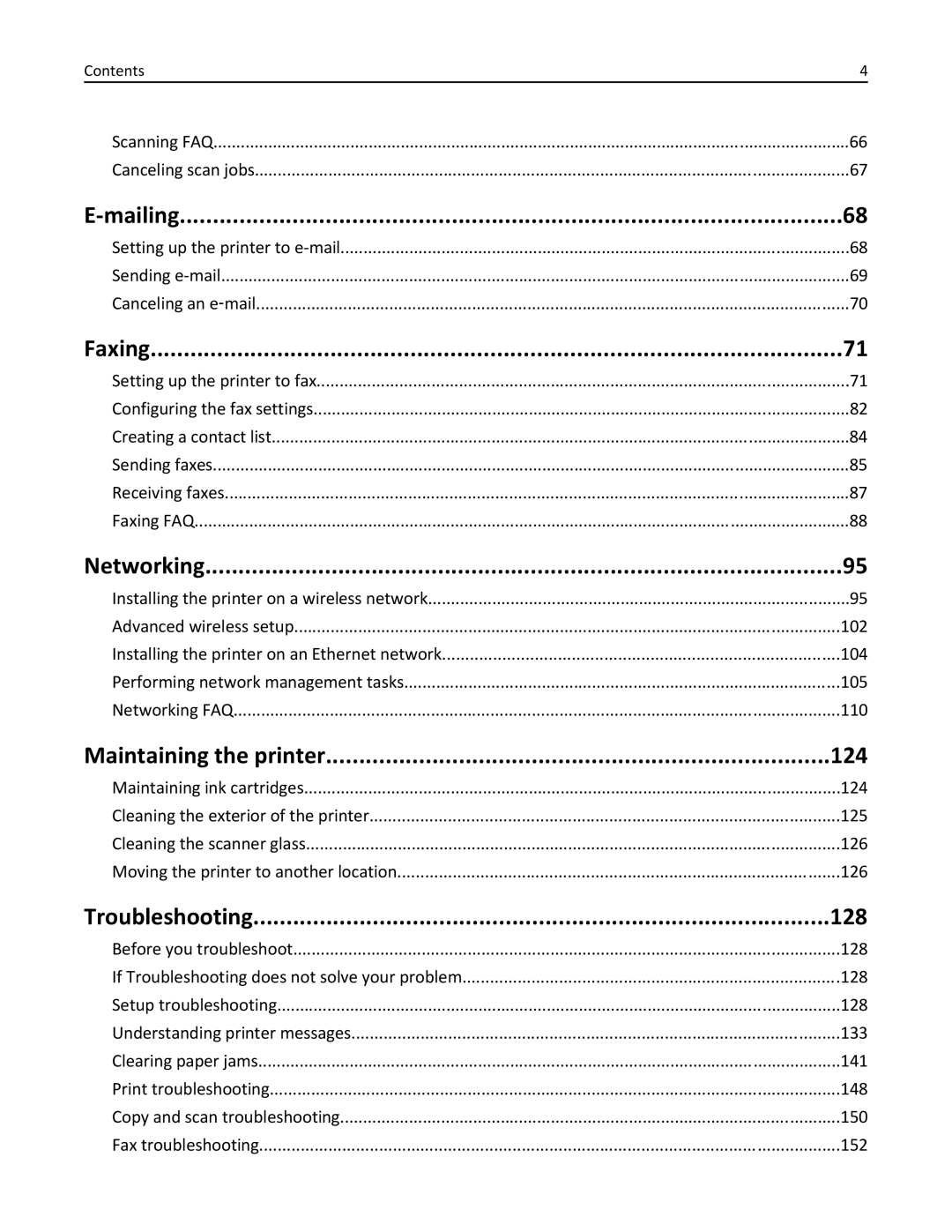 Dell 7d1, 7dE manual Mailing, Faxing, Networking, Maintaining the printer 124, Troubleshooting 128 