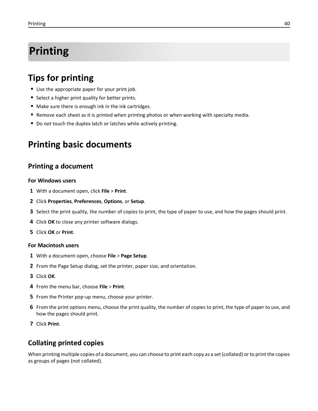 Dell 7d1, 7dE manual Tips for printing, Printing basic documents, Printing a document, Collating printed copies 