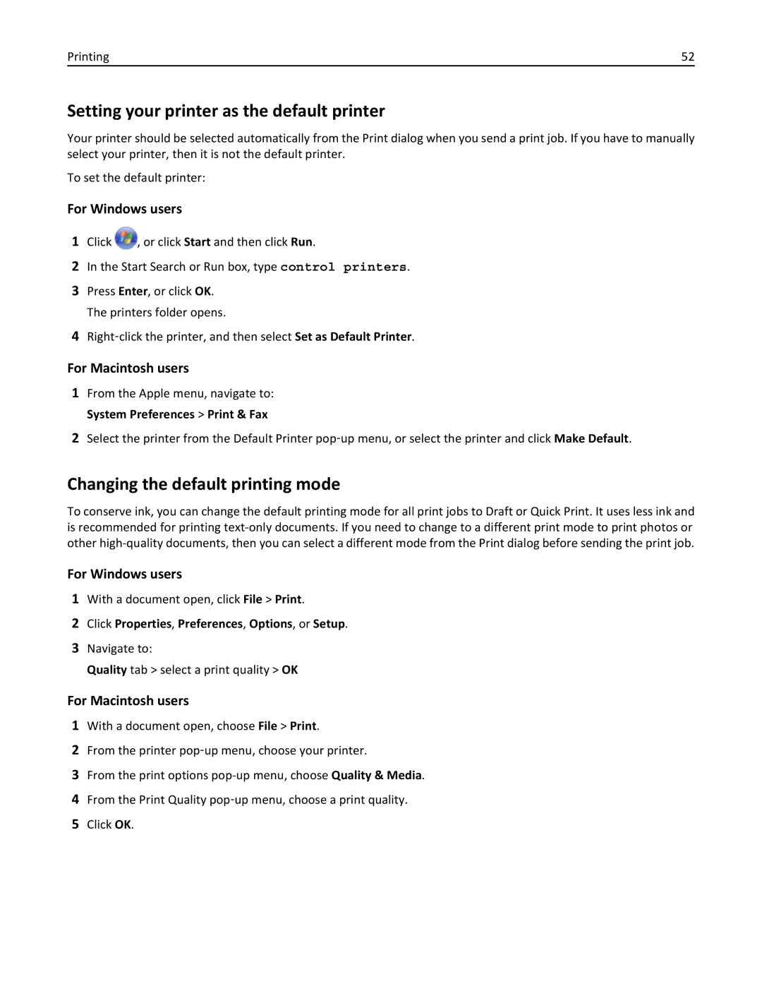 Dell 7d1, 7dE manual Setting your printer as the default printer, Changing the default printing mode 