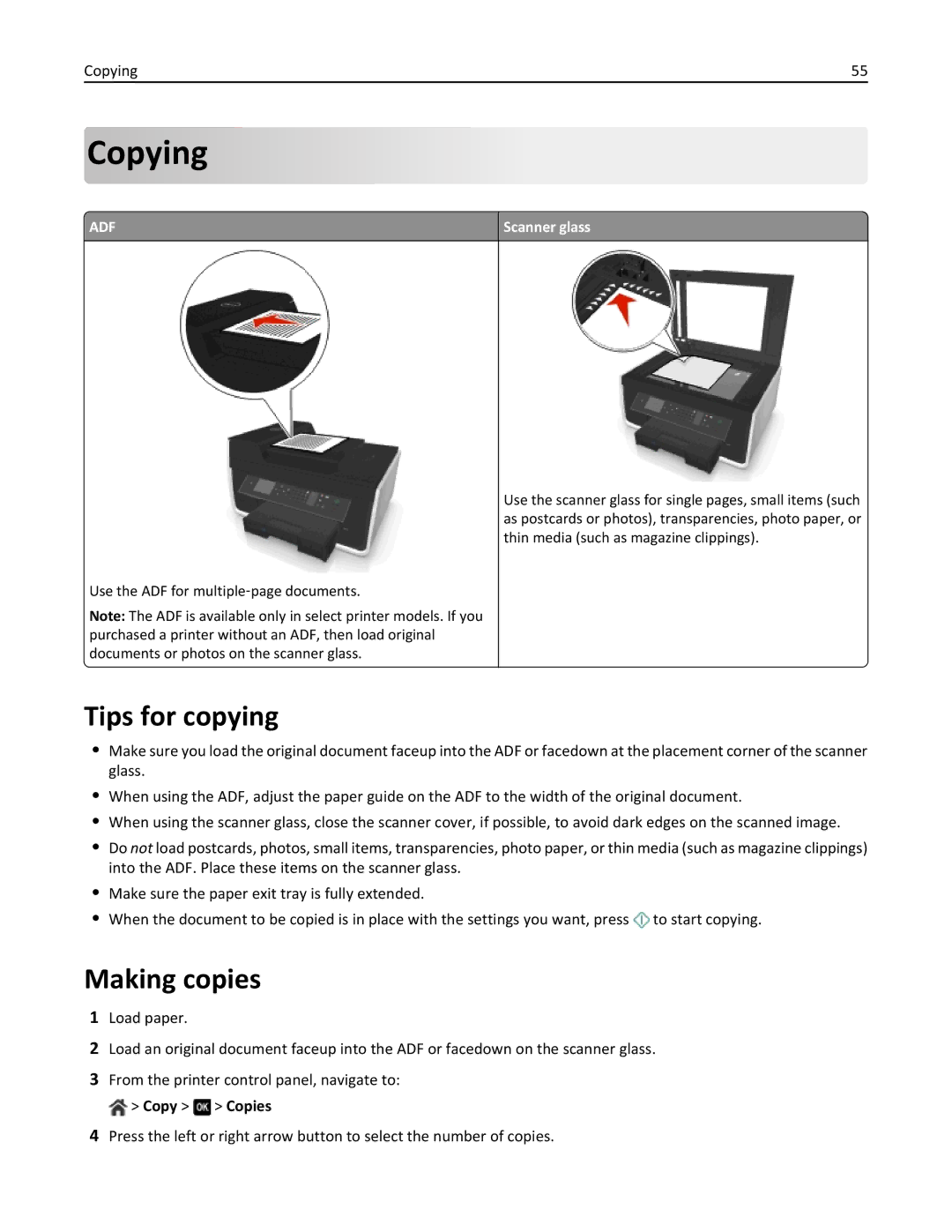 Dell 7dE, 7d1 manual Copying, Tips for copying, Making copies, Scanner glass 