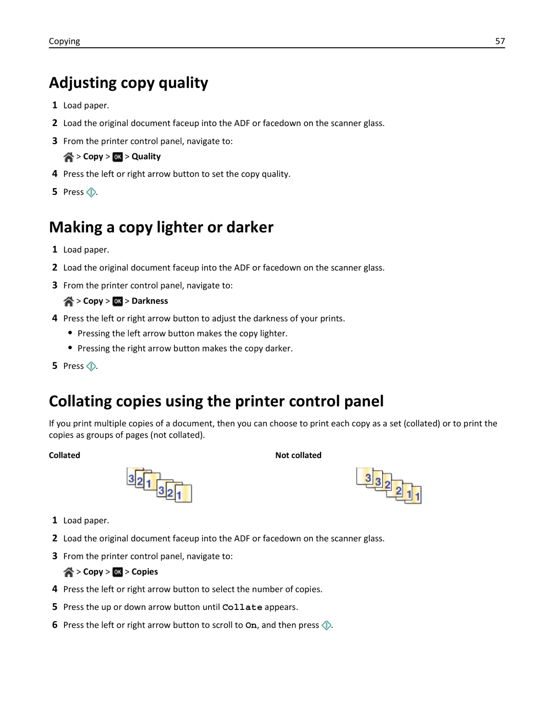 Dell 7dE, 7d1 Adjusting copy quality, Making a copy lighter or darker, Collating copies using the printer control panel 