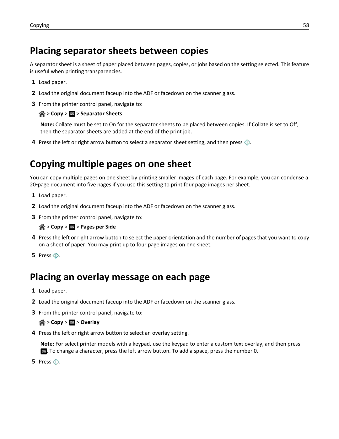 Dell 7d1 Placing separator sheets between copies, Copying multiple pages on one sheet, Placing an overlay message on each 