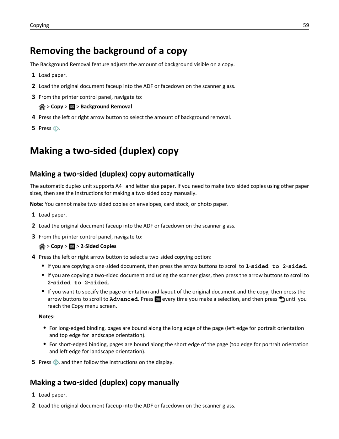 Dell 7dE Removing the background of a copy, Making a two-sided duplex copy, Making a two‑sided duplex copy automatically 