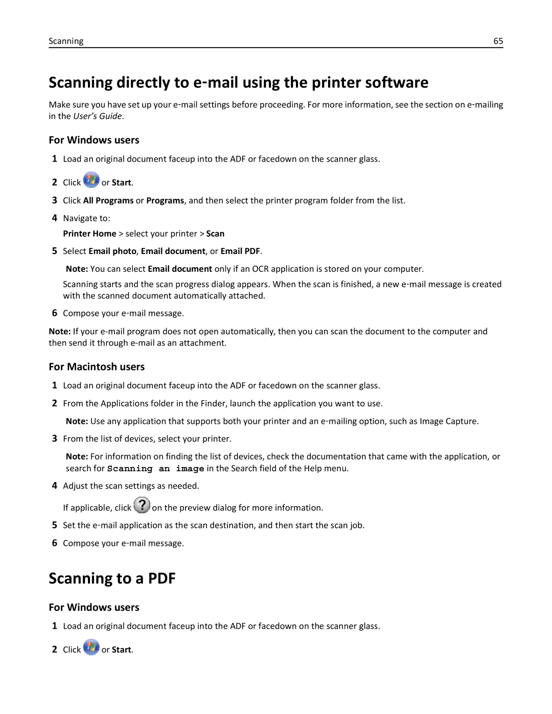 Dell 7dE, 7d1 manual Scanning directly to e‑mail using the printer software 