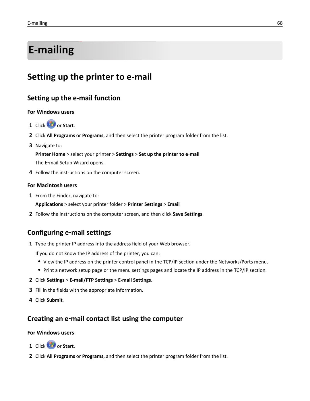 Dell 7d1, 7dE manual Mailing, Setting up the printer to e-mail, Setting up the e-mail function, Configuring e‑mail settings 