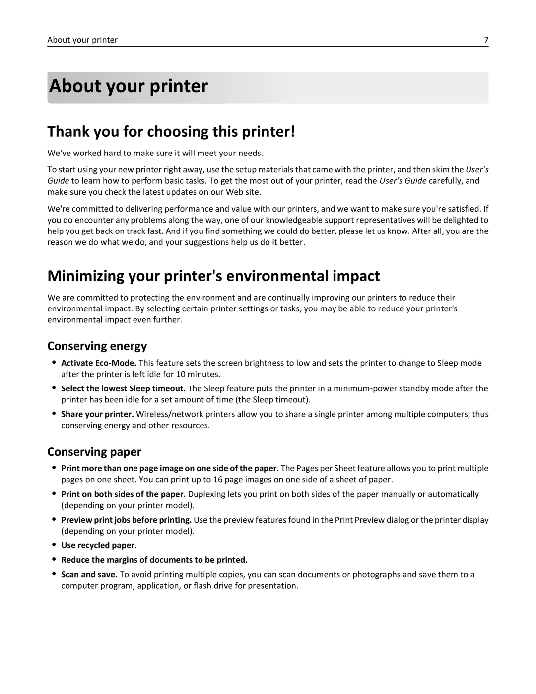 Dell 7dE, 7d1 manual About your printer, Thank you for choosing this printer, Minimizing your printers environmental impact 