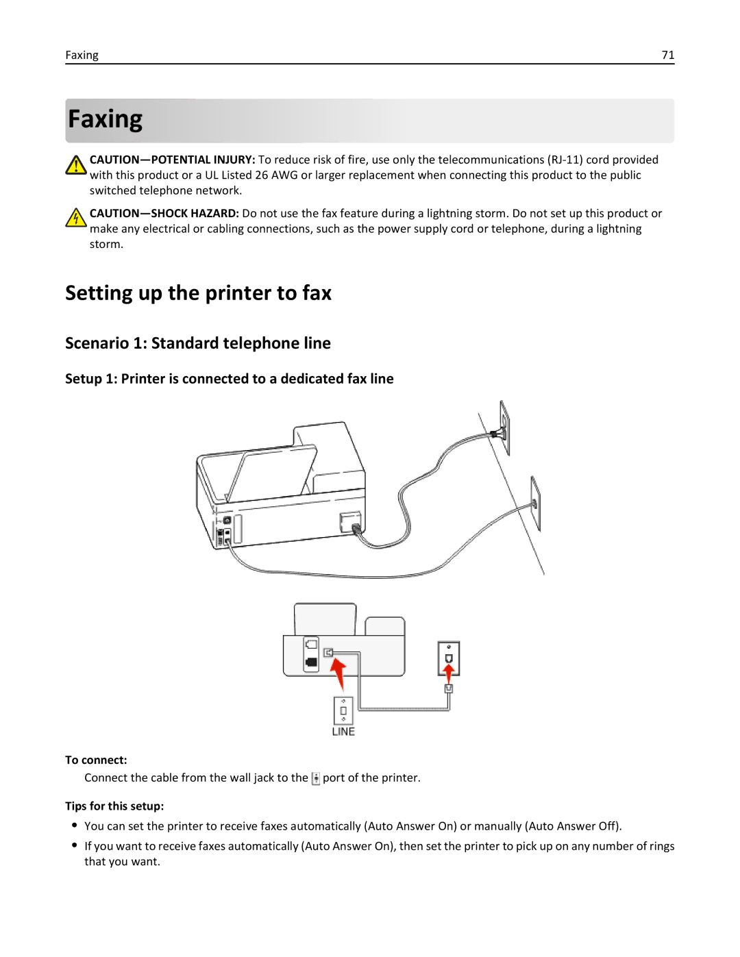 Dell 7dE, 7d1 manual Faxing, Setting up the printer to fax, Scenario 1 Standard telephone line 