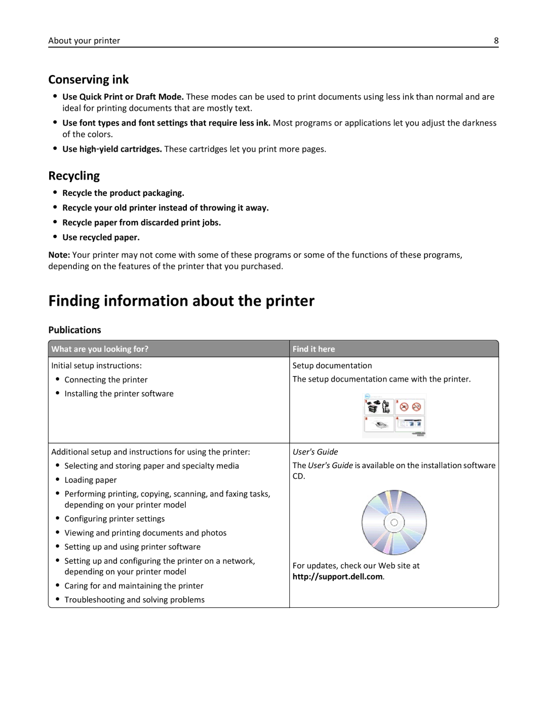 Dell 7d1, 7dE manual Finding information about the printer, Conserving ink, Recycling, Publications 