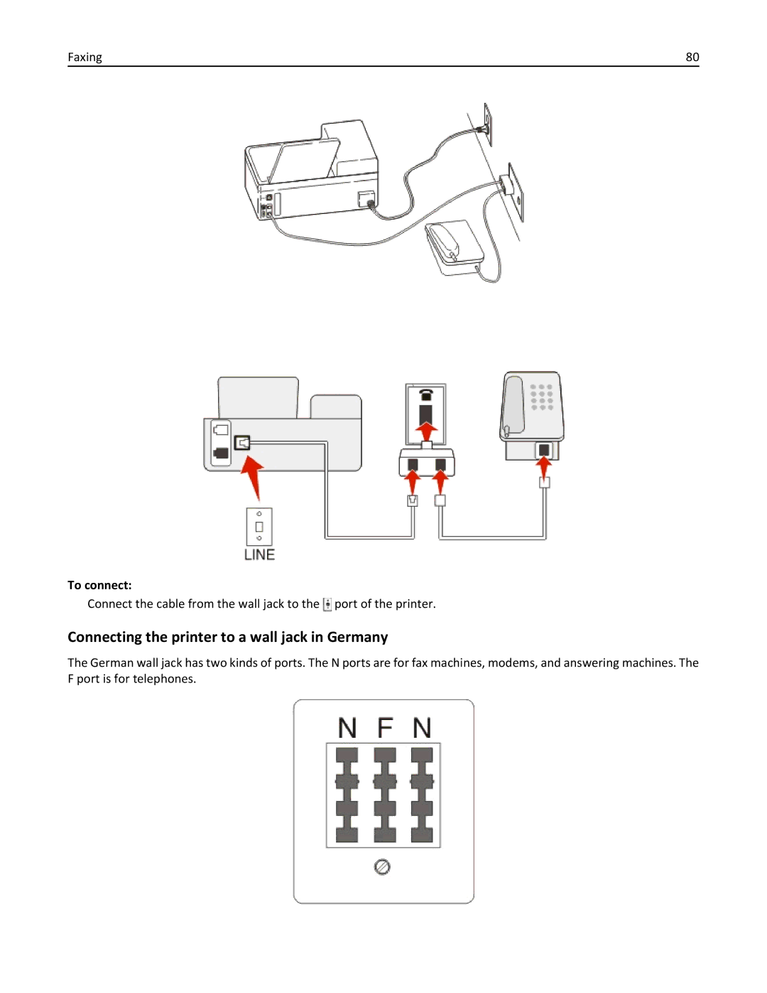 Dell 7d1, 7dE manual Connecting the printer to a wall jack in Germany 