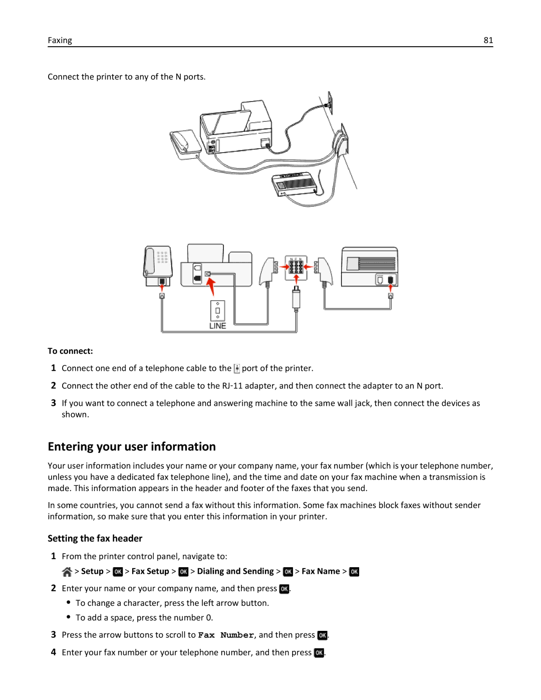 Dell 7dE, 7d1 manual Entering your user information, Setting the fax header, Setup Fax Setup Dialing and Sending Fax Name 