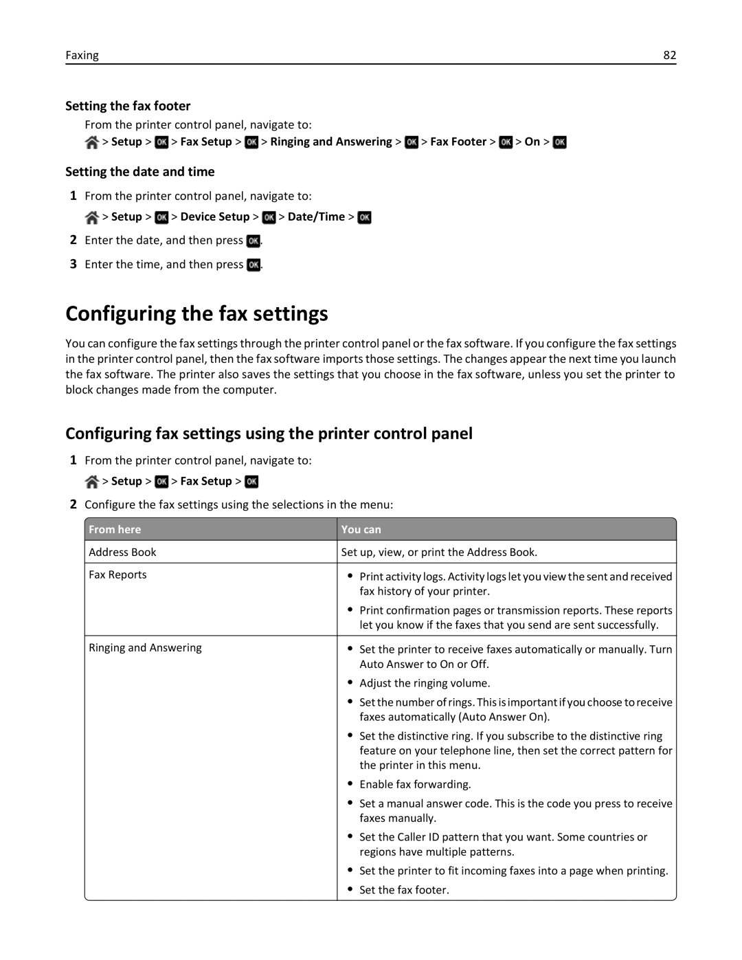 Dell 7d1 Configuring the fax settings, Configuring fax settings using the printer control panel, Setting the fax footer 