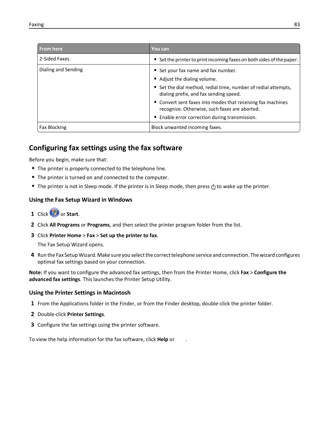 Dell 7dE, 7d1 manual Configuring fax settings using the fax software, Using the Fax Setup Wizard in Windows 