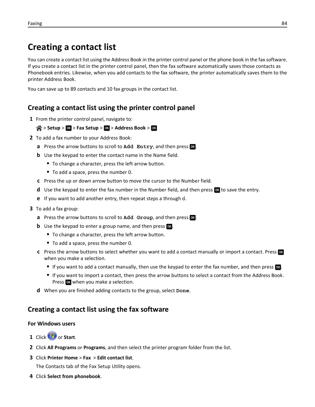 Dell 7d1, 7dE Creating a contact list using the printer control panel, Creating a contact list using the fax software 