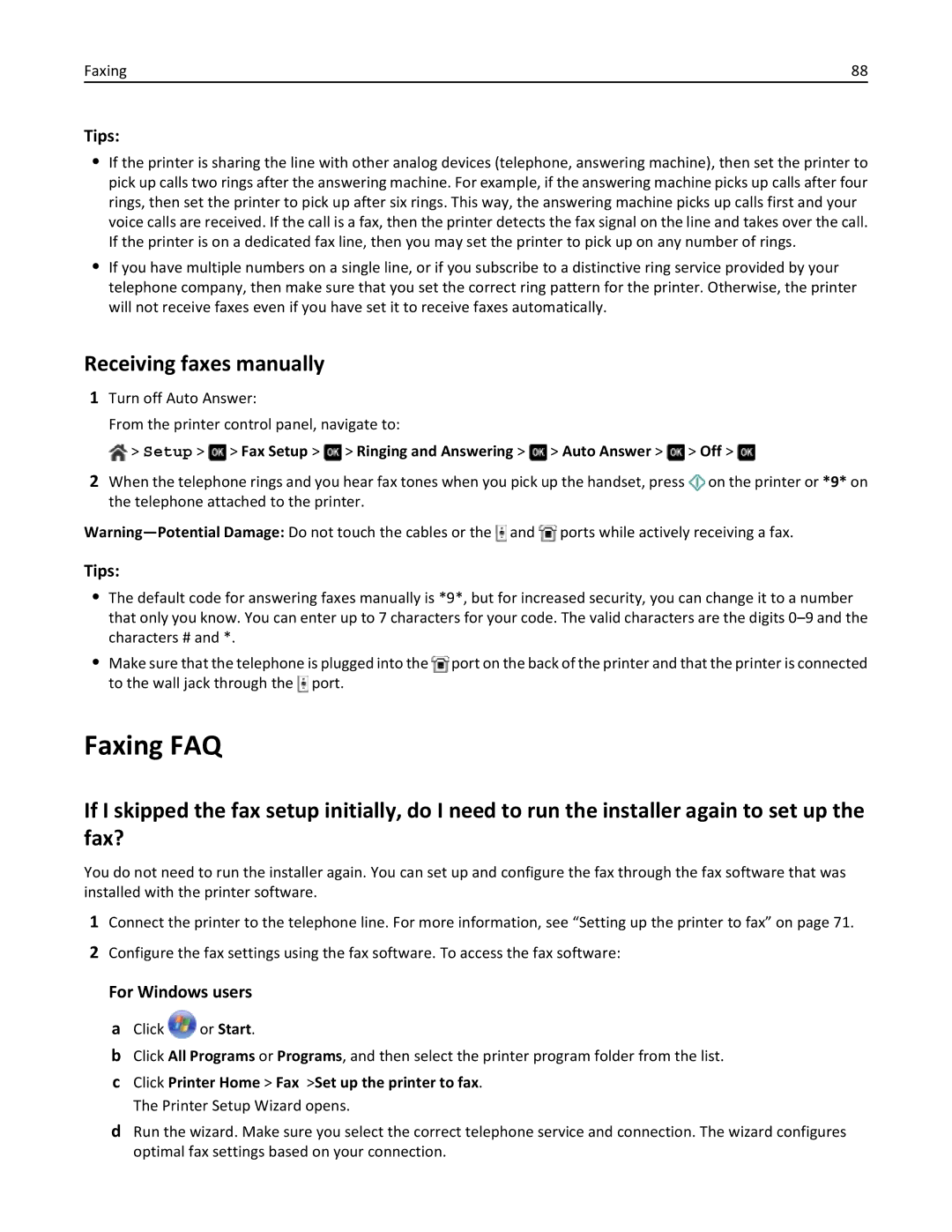 Dell 7d1, 7dE Faxing FAQ, Receiving faxes manually, Tips, Setup Fax Setup Ringing and Answering Auto Answer Off 