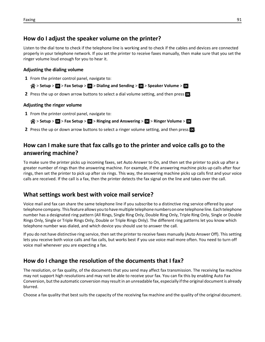 Dell 7dE, 7d1 manual How do I adjust the speaker volume on the printer?, What settings work best with voice mail service? 