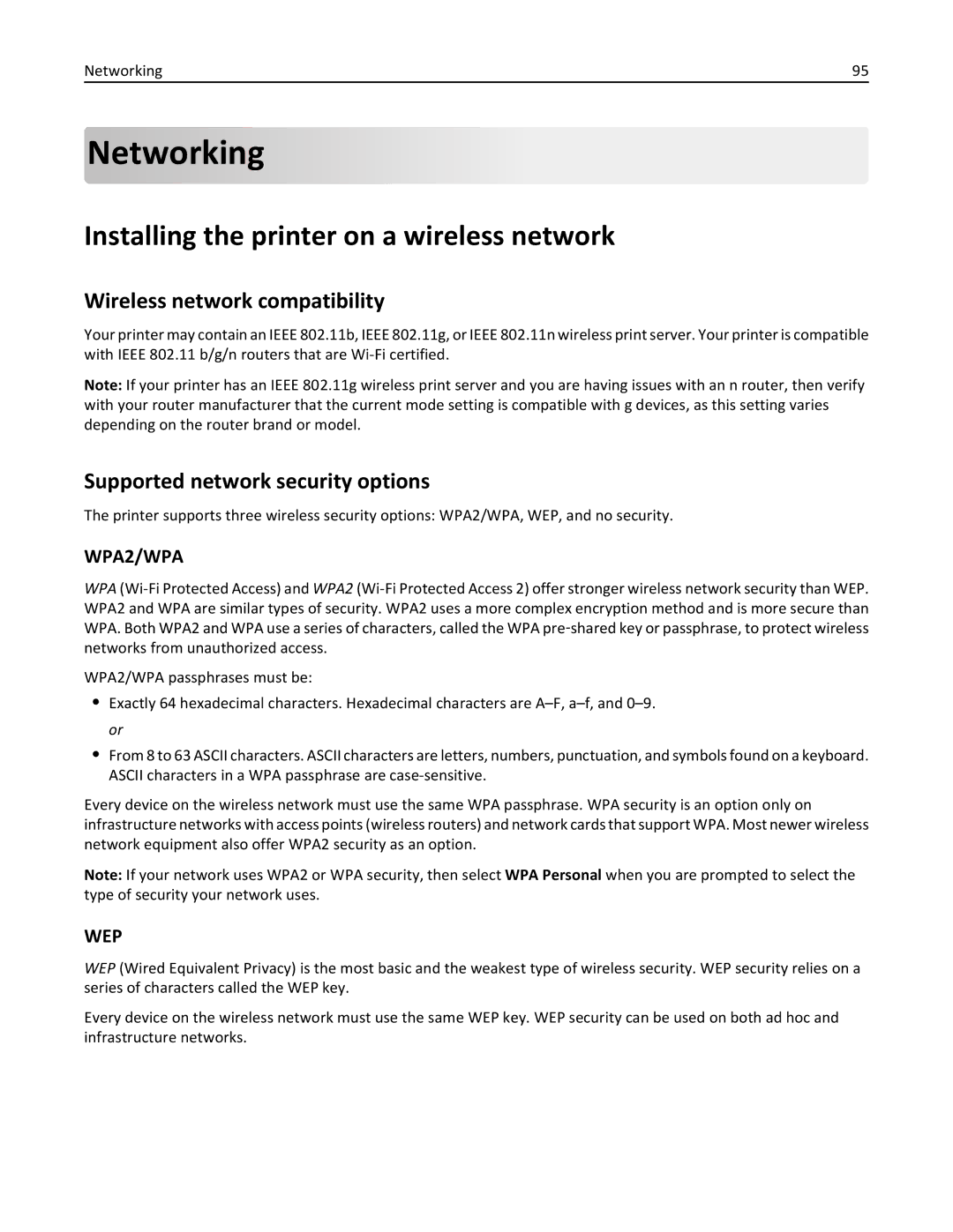 Dell 7dE, 7d1 manual Networking, Installing the printer on a wireless network, Wireless network compatibility 