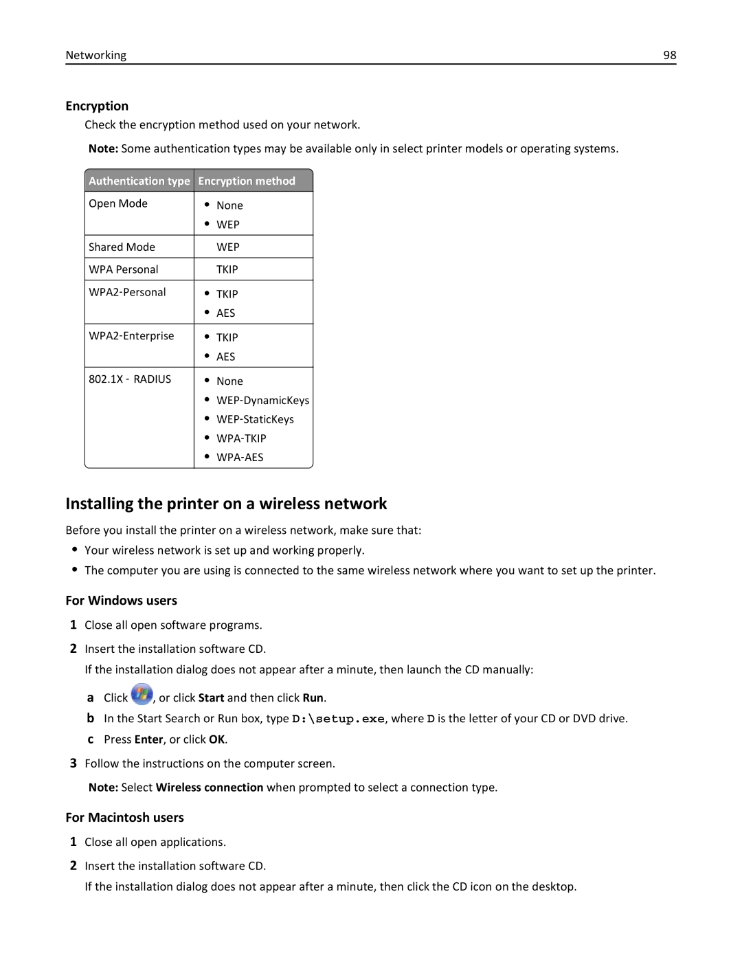 Dell 7d1, 7dE manual Installing the printer on a wireless network, Authentication type Encryption method 