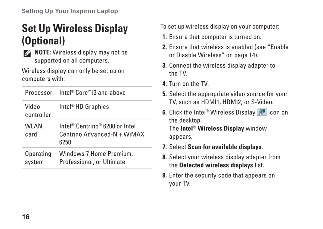 Dell P08E series, 7HR9P, N7010, P08E001 setup guide Set Up Wireless Display Optional, Wlan 