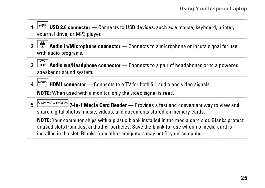 Dell P08E001, 7HR9P, N7010, P08E series setup guide Using Your Inspiron Laptop 