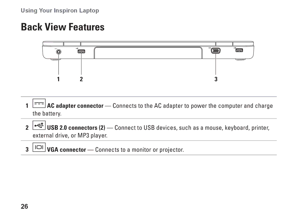 Dell 7HR9P, N7010, P08E series, P08E001 setup guide Back View Features 