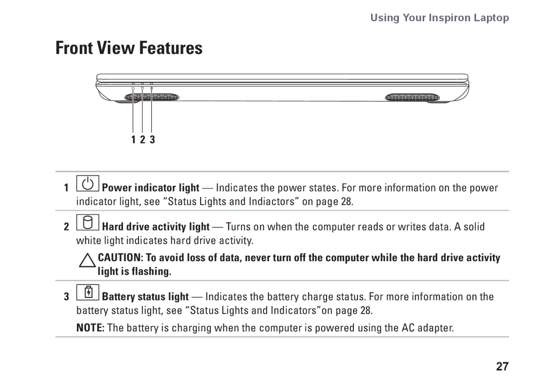 Dell N7010, 7HR9P, P08E series, P08E001 setup guide Front View Features 