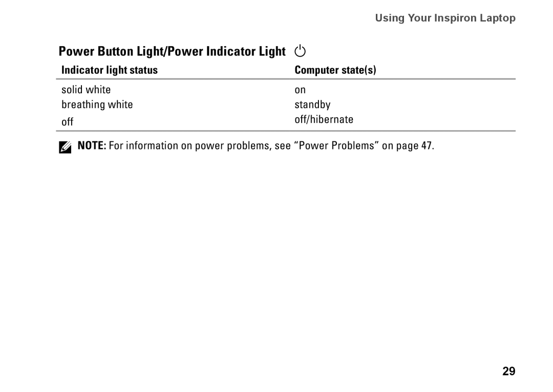 Dell P08E001, 7HR9P, N7010, P08E series Power Button Light/Power Indicator Light, Indicator light status Computer states 