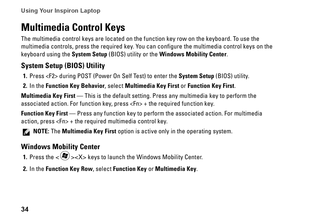 Dell 7HR9P, N7010, P08E series, P08E001 Multimedia Control Keys, System Setup Bios Utility, Windows Mobility Center 