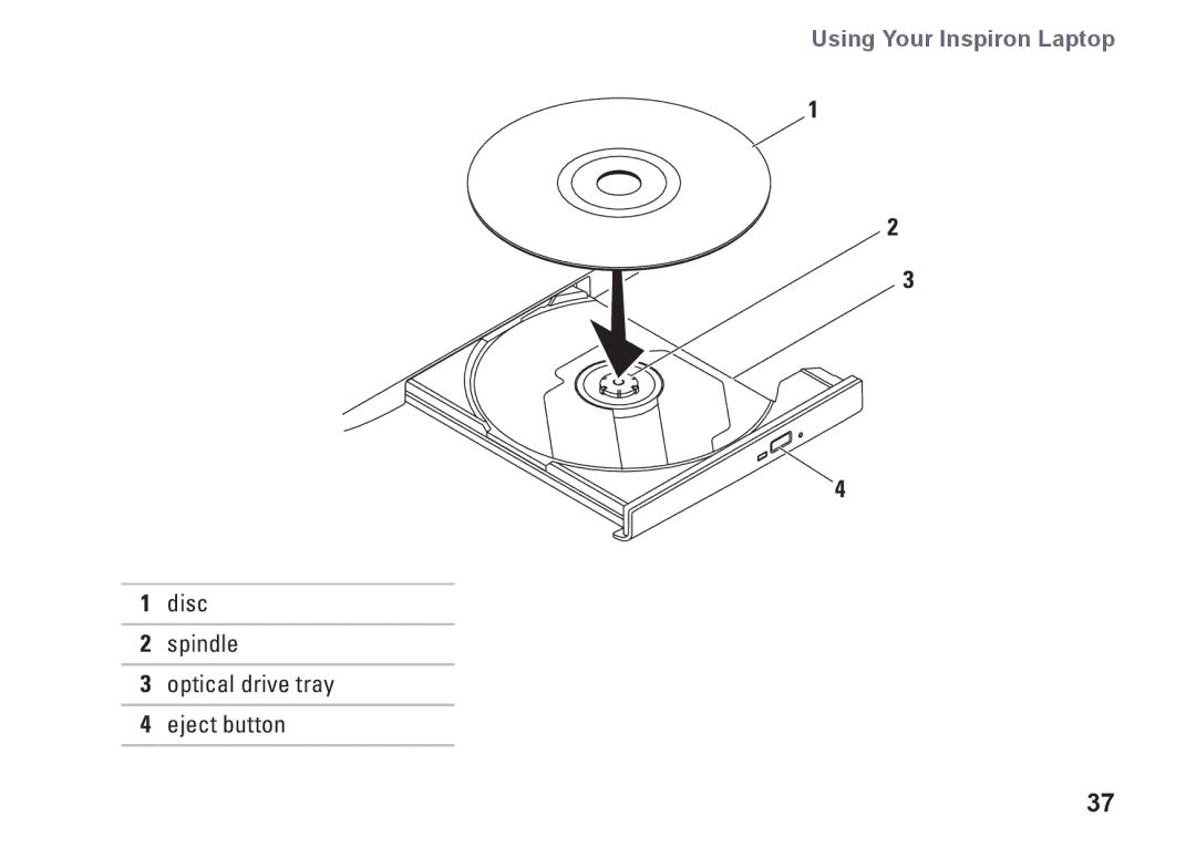 Dell P08E001, 7HR9P, N7010, P08E series setup guide Disc Spindle Optical drive tray Eject button 