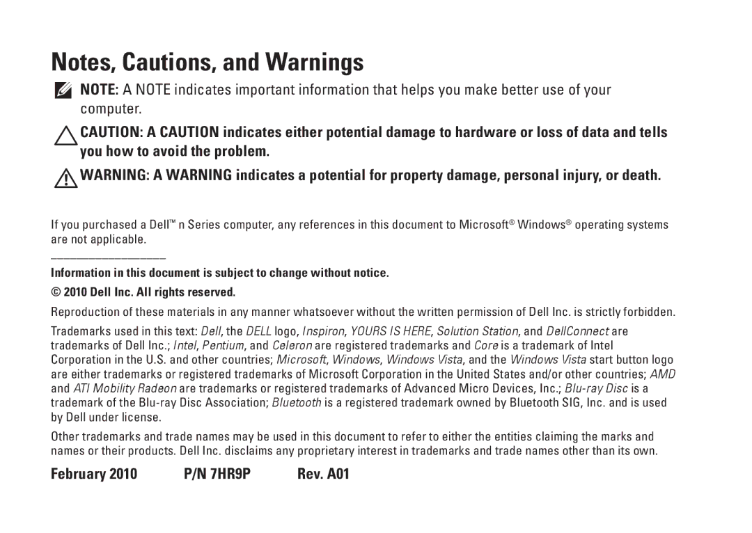 Dell N7010, P08E series, P08E001 setup guide February 2010 P/N 7HR9P Rev. A01 